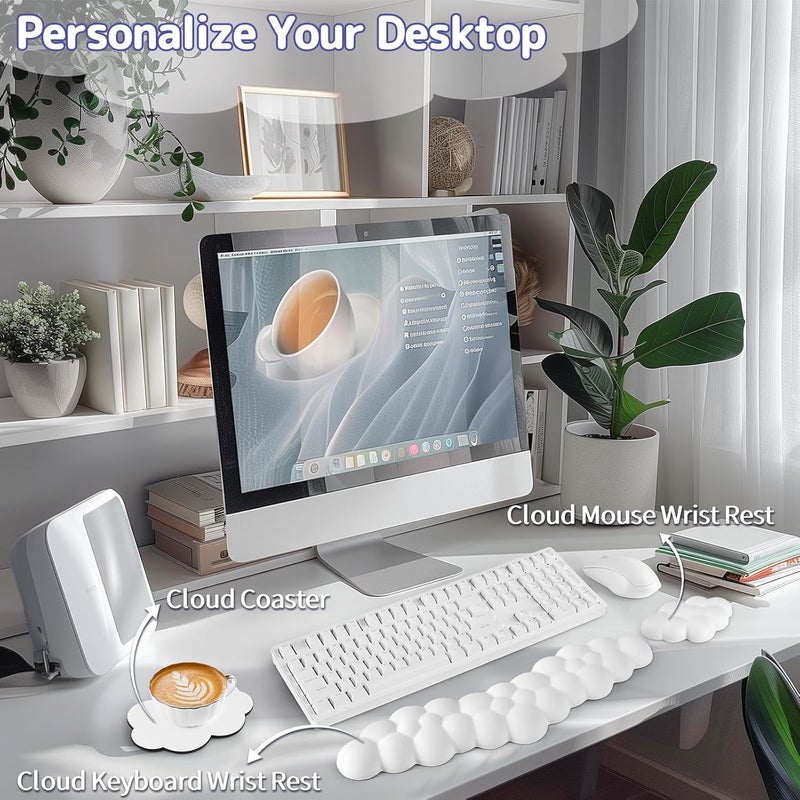 Sushret Cloud Wrist Rest for Keyboard and Mouse, Memory Foam PU Leather Keyboard Wrist Rest with Ergonomic Support, Non-Slip Base, Cute Arm Rest Pad & Palm Cushion, Office Desk Accessory, White - Image 2